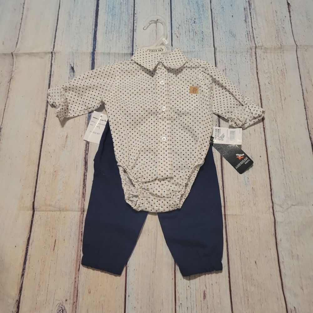 American Hawk 2 piece Polka Dot Baby Boy Bodysuit with Navy Pants 6 To 9 Mths